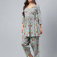 Janasya Women's Sage Green Cotton Floral Printed Flared Casual Short Kurta Set | Swadesiicart