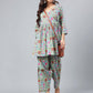 Janasya Women's Sage Green Cotton Floral Printed Flared Casual Short Kurta Set | Swadesiicart
