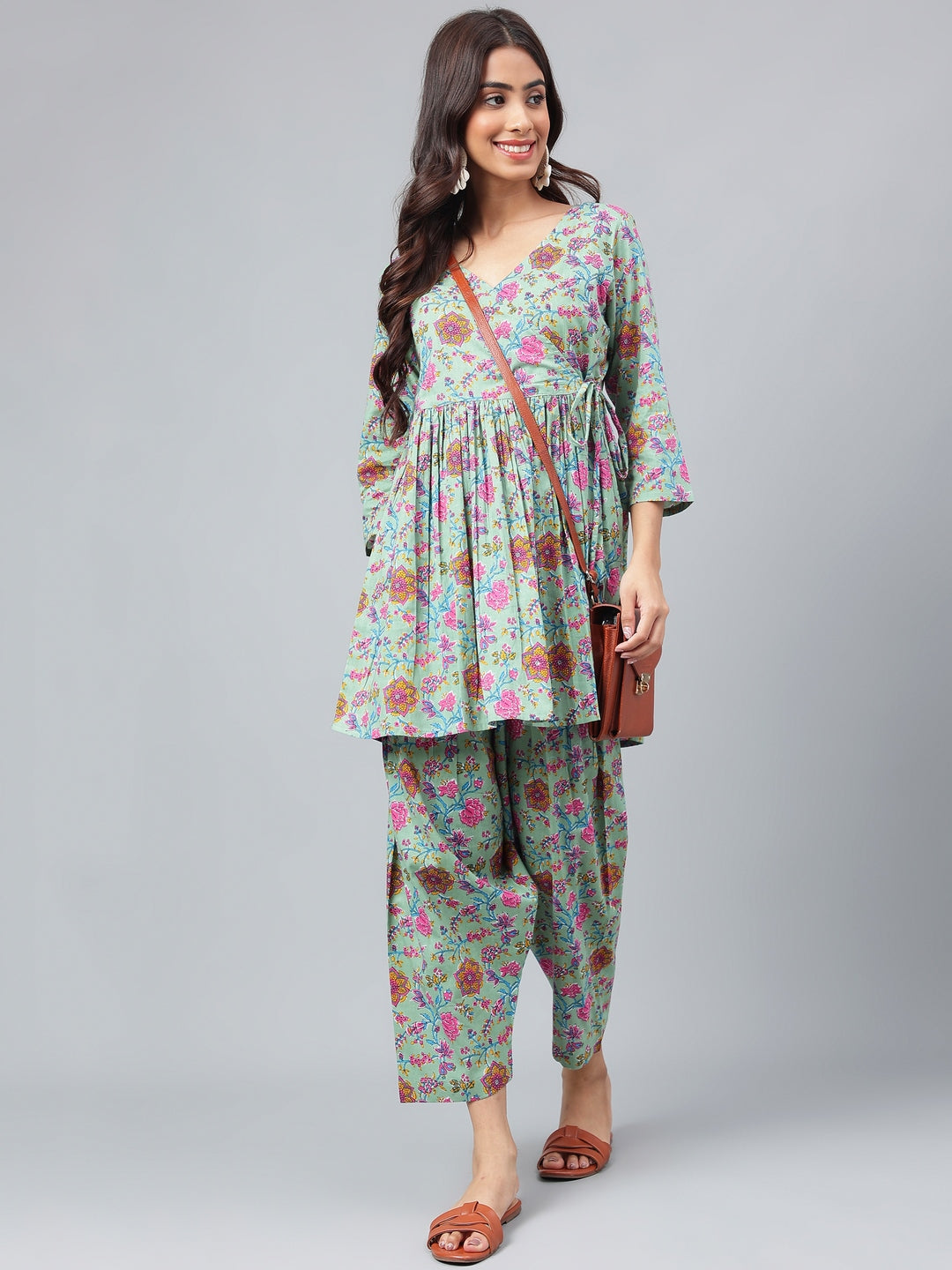 Janasya Women's Sage Green Cotton Floral Printed Flared Casual Short Kurta Set | Swadesiicart