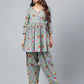 Janasya Women's Sage Green Cotton Floral Printed Flared Casual Short Kurta Set | Swadesiicart