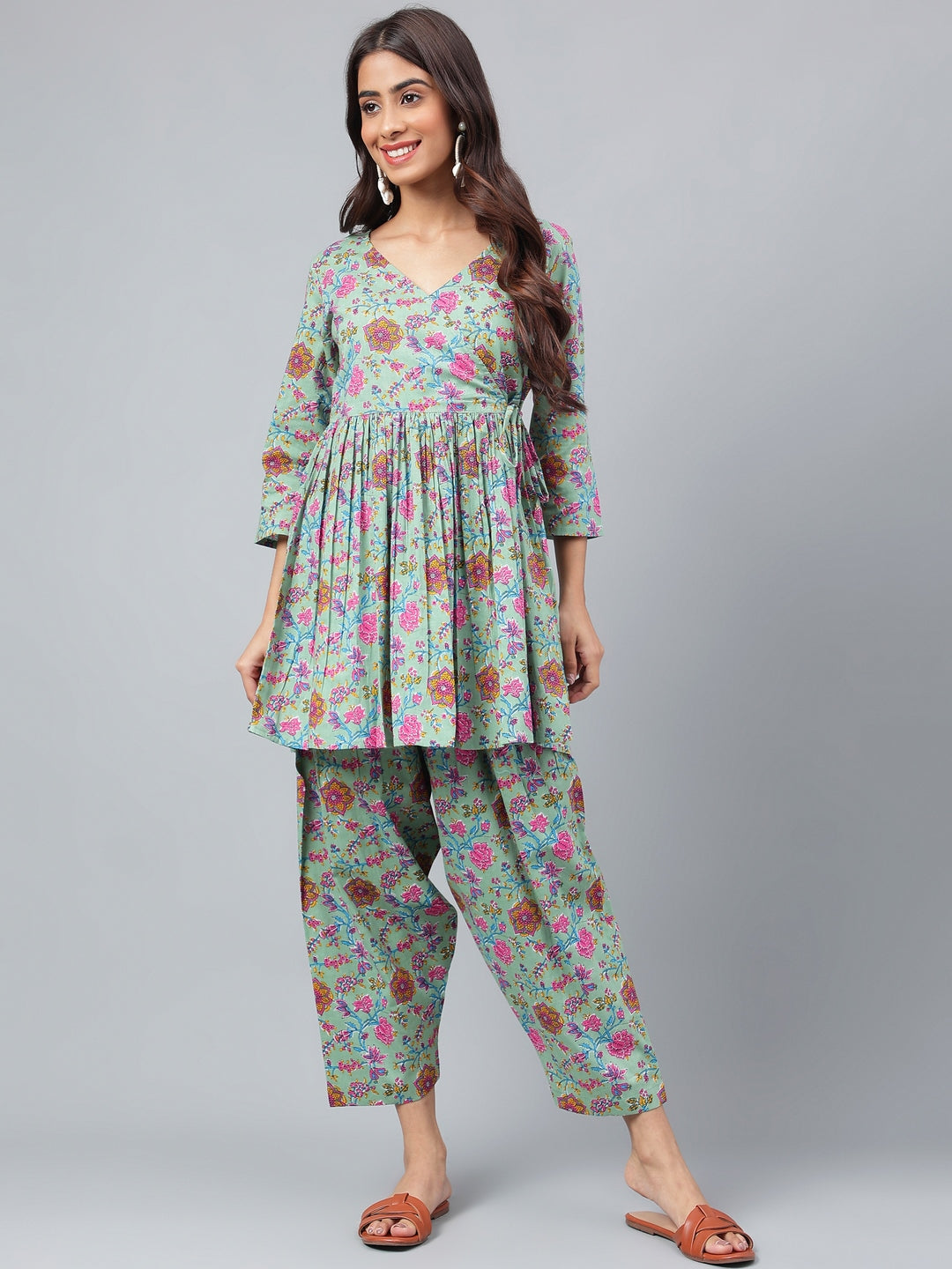 Janasya Women's Sage Green Cotton Floral Printed Flared Casual Short Kurta Set | Swadesiicart