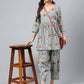 Janasya Women's Sage Green Cotton Floral Printed Flared Casual Short Kurta Set | Swadesiicart