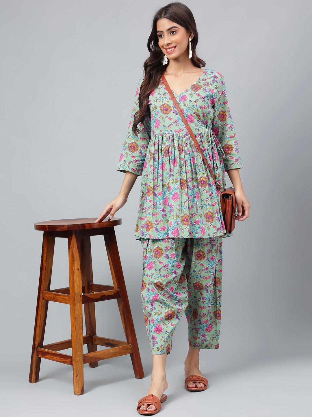 Janasya Women's Sage Green Cotton Floral Printed Flared Casual Short Kurta Set | Swadesiicart