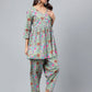 Janasya Women's Sage Green Cotton Floral Printed Flared Casual Short Kurta Set | Swadesiicart