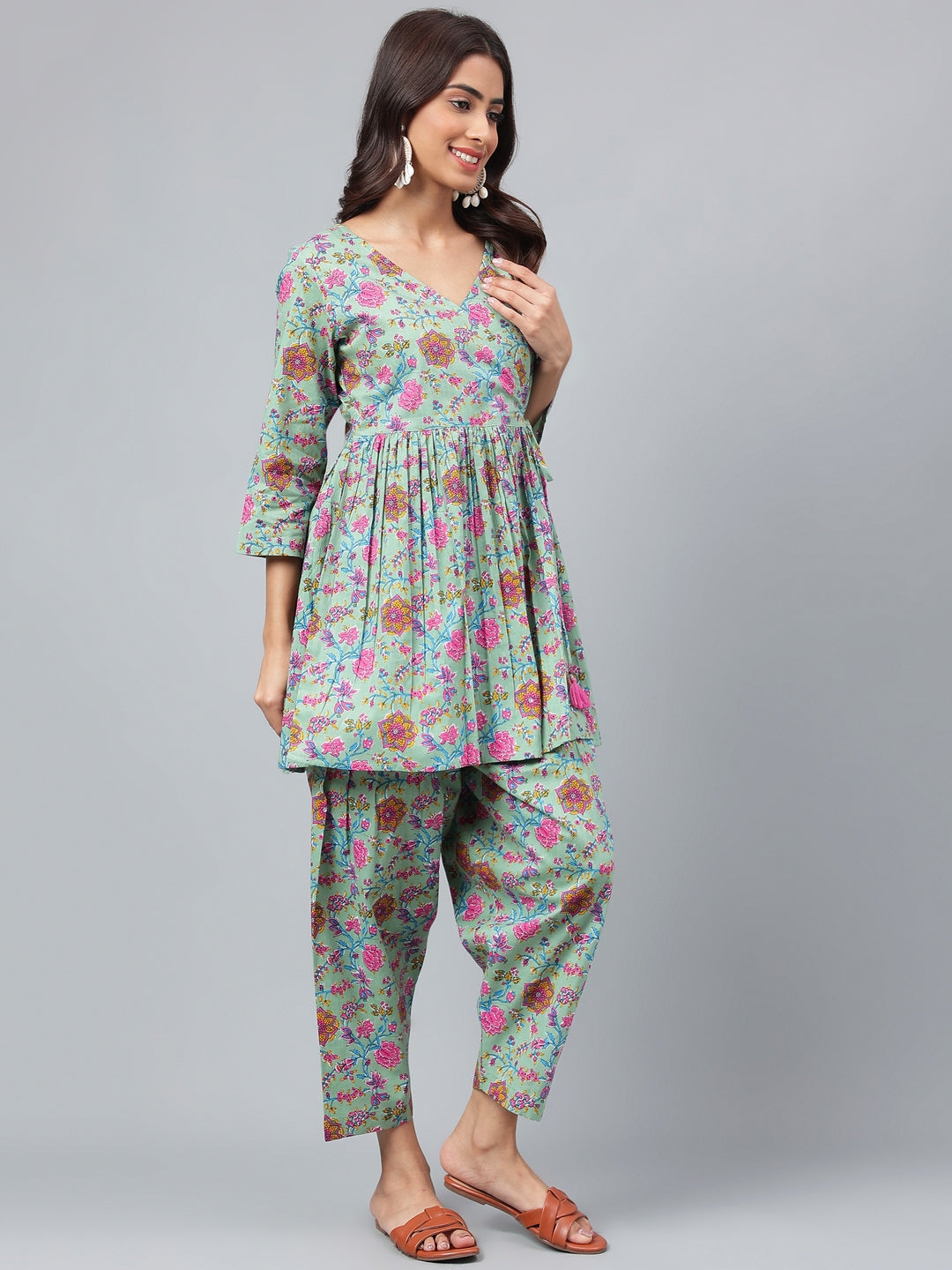 Janasya Women's Sage Green Cotton Floral Printed Flared Casual Short Kurta Set | Swadesiicart