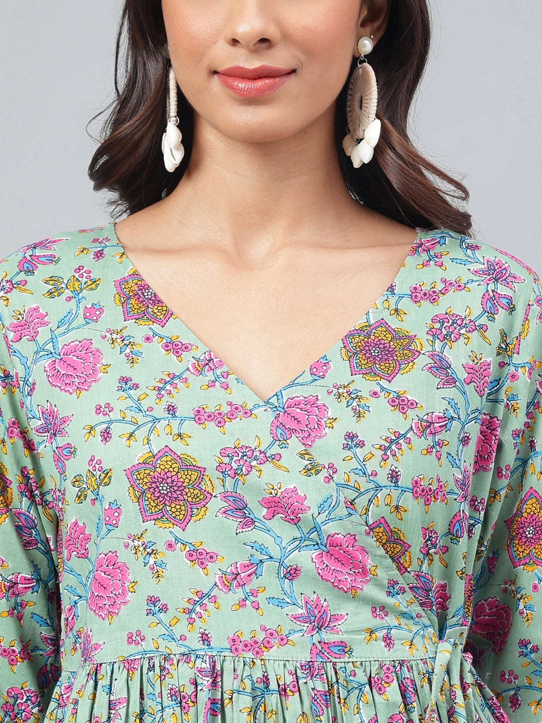 Janasya Women's Sage Green Cotton Floral Printed Flared Casual Short Kurta Set | Swadesiicart