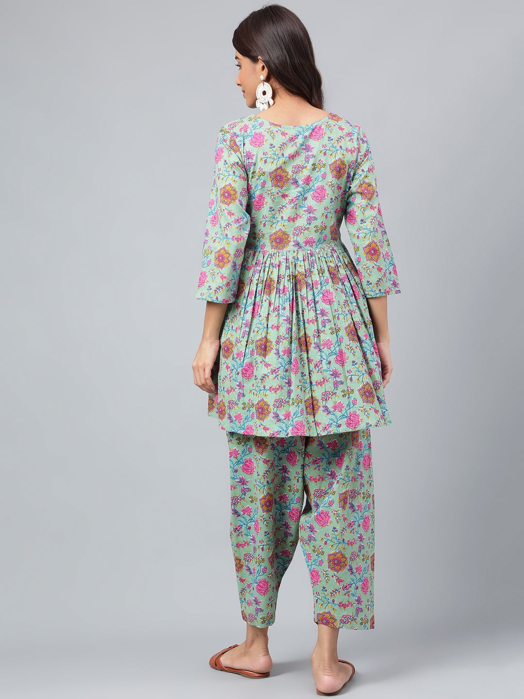 Janasya Women's Sage Green Cotton Floral Printed Flared Casual Short Kurta Set | Swadesiicart