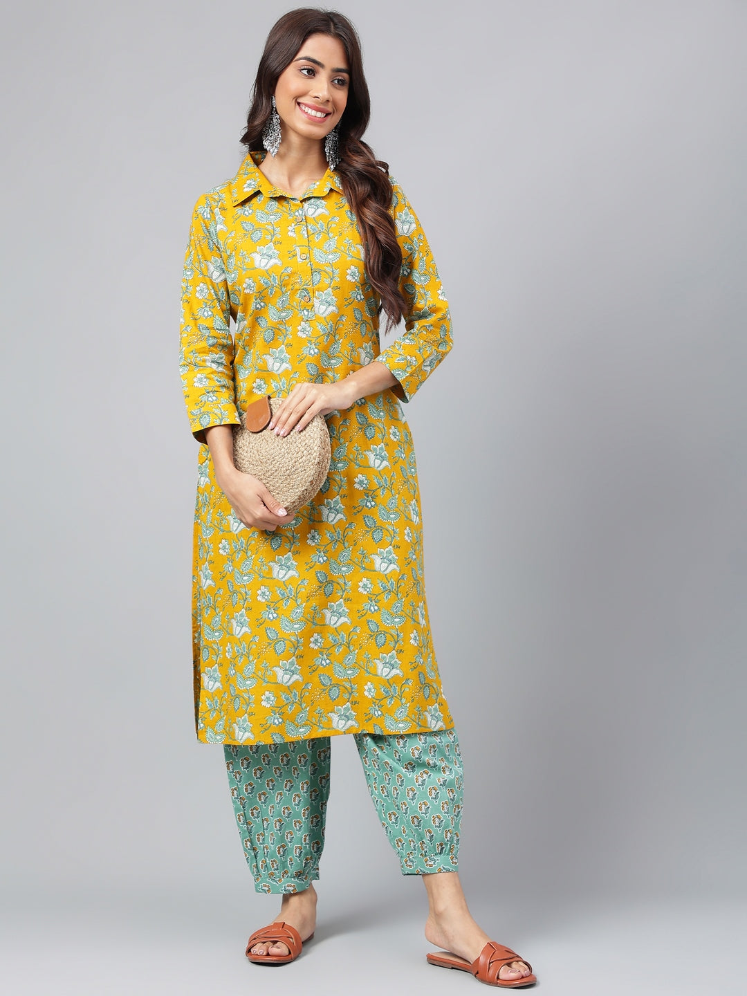 Janasya Women's Mustard Cotton Cambric Floral Printed Straight Casual Kurta Set | Swadesiicart