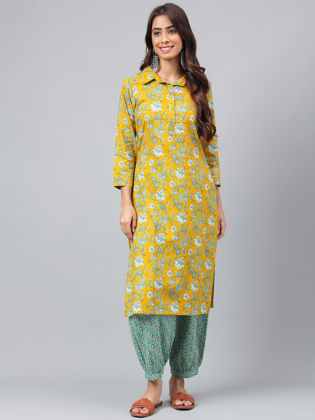 Janasya Women's Mustard Cotton Cambric Floral Printed Straight Casual Kurta Set | Swadesiicart