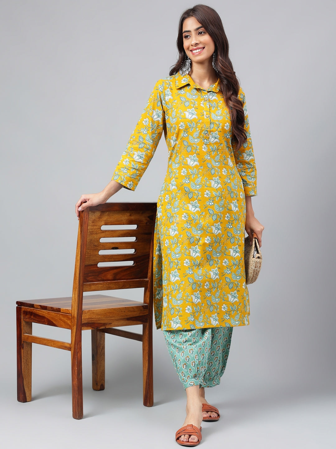 Janasya Women's Mustard Cotton Cambric Floral Printed Straight Casual Kurta Set | Swadesiicart