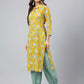 Janasya Women's Mustard Cotton Cambric Floral Printed Straight Casual Kurta Set | Swadesiicart
