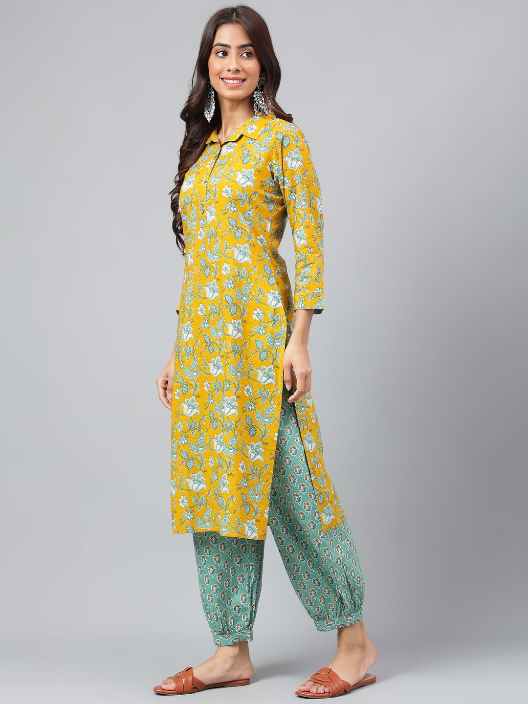 Janasya Women's Mustard Cotton Cambric Floral Printed Straight Casual Kurta Set | Swadesiicart