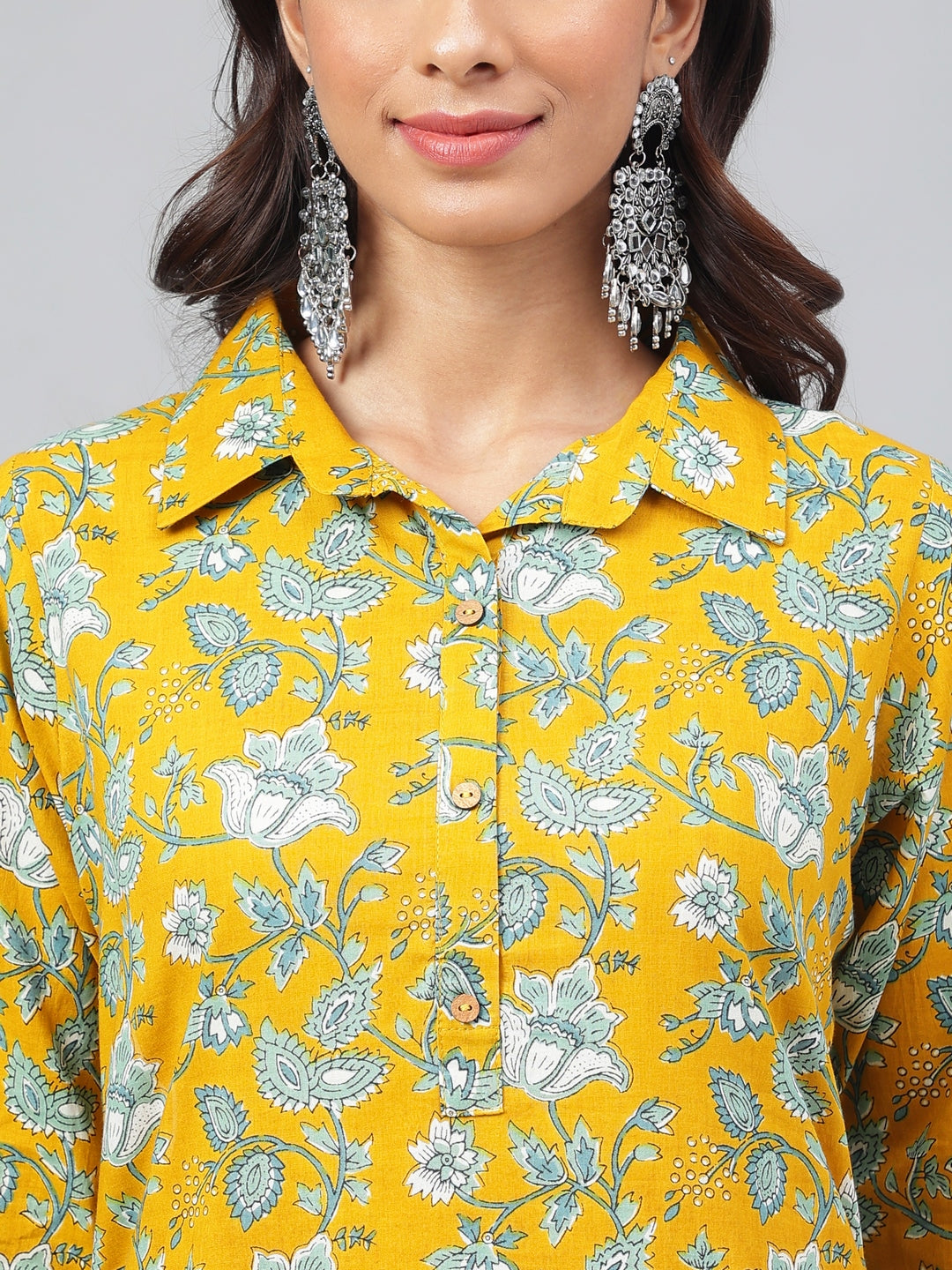 Janasya Women's Mustard Cotton Cambric Floral Printed Straight Casual Kurta Set | Swadesiicart