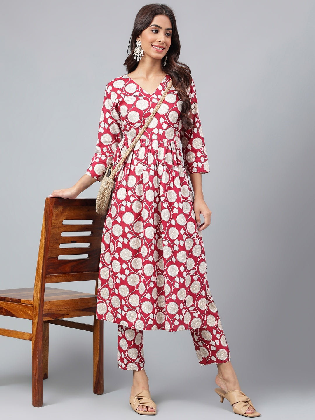 Janasya Women's Maroon Cotton Floral Printed Gathered Casual Kurta Set | Swadesiicart