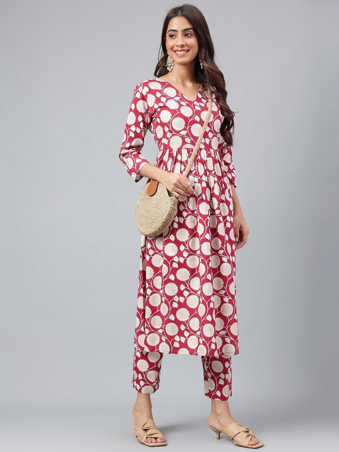 Janasya Women's Maroon Cotton Floral Printed Gathered Casual Kurta Set | Swadesiicart