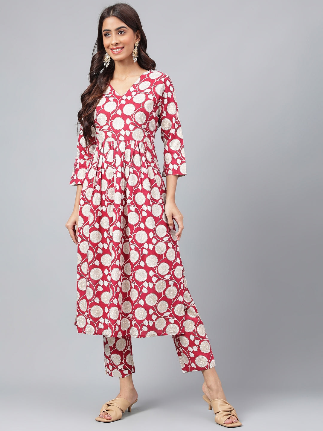 Janasya Women's Maroon Cotton Floral Printed Gathered Casual Kurta Set | Swadesiicart