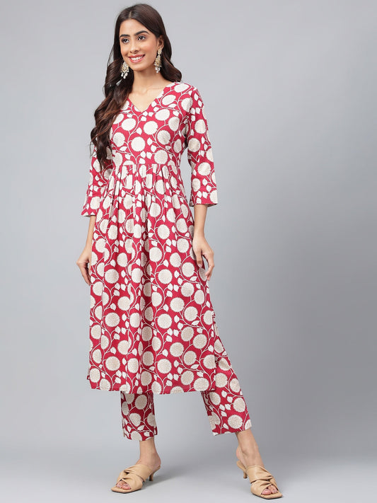 Janasya Women's Maroon Cotton Floral Printed Gathered Casual Kurta Set | Swadesiicart
