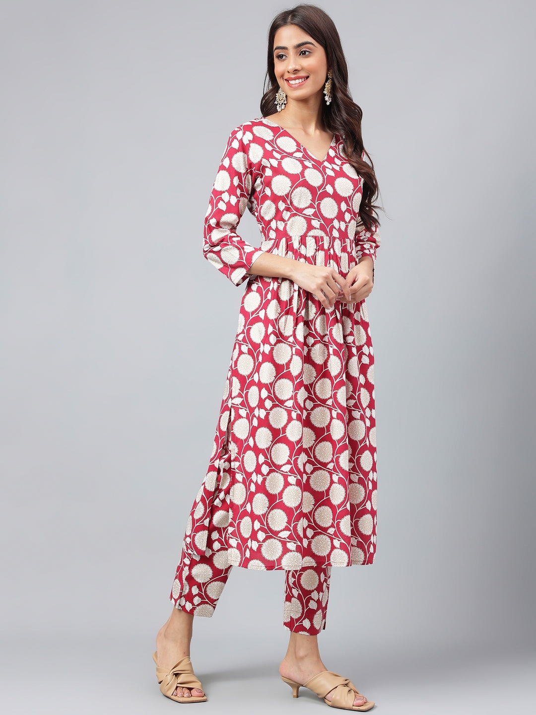 Janasya Women's Maroon Cotton Floral Printed Gathered Casual Kurta Set | Swadesiicart