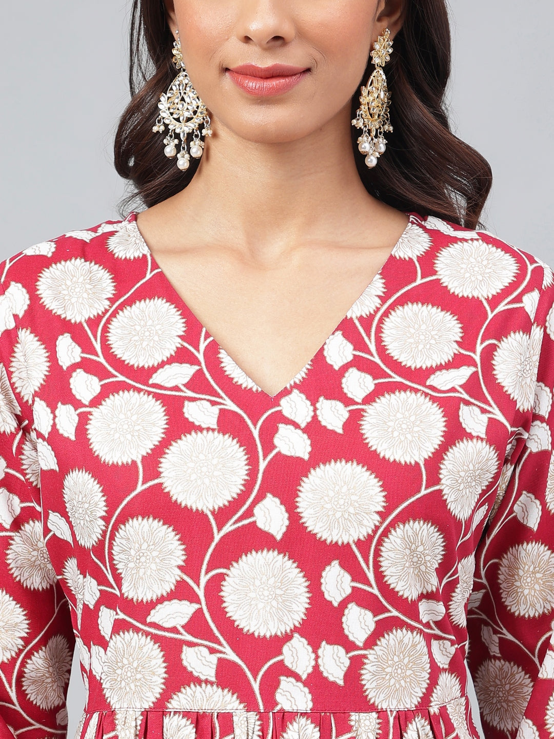 Janasya Women's Maroon Cotton Floral Printed Gathered Casual Kurta Set | Swadesiicart