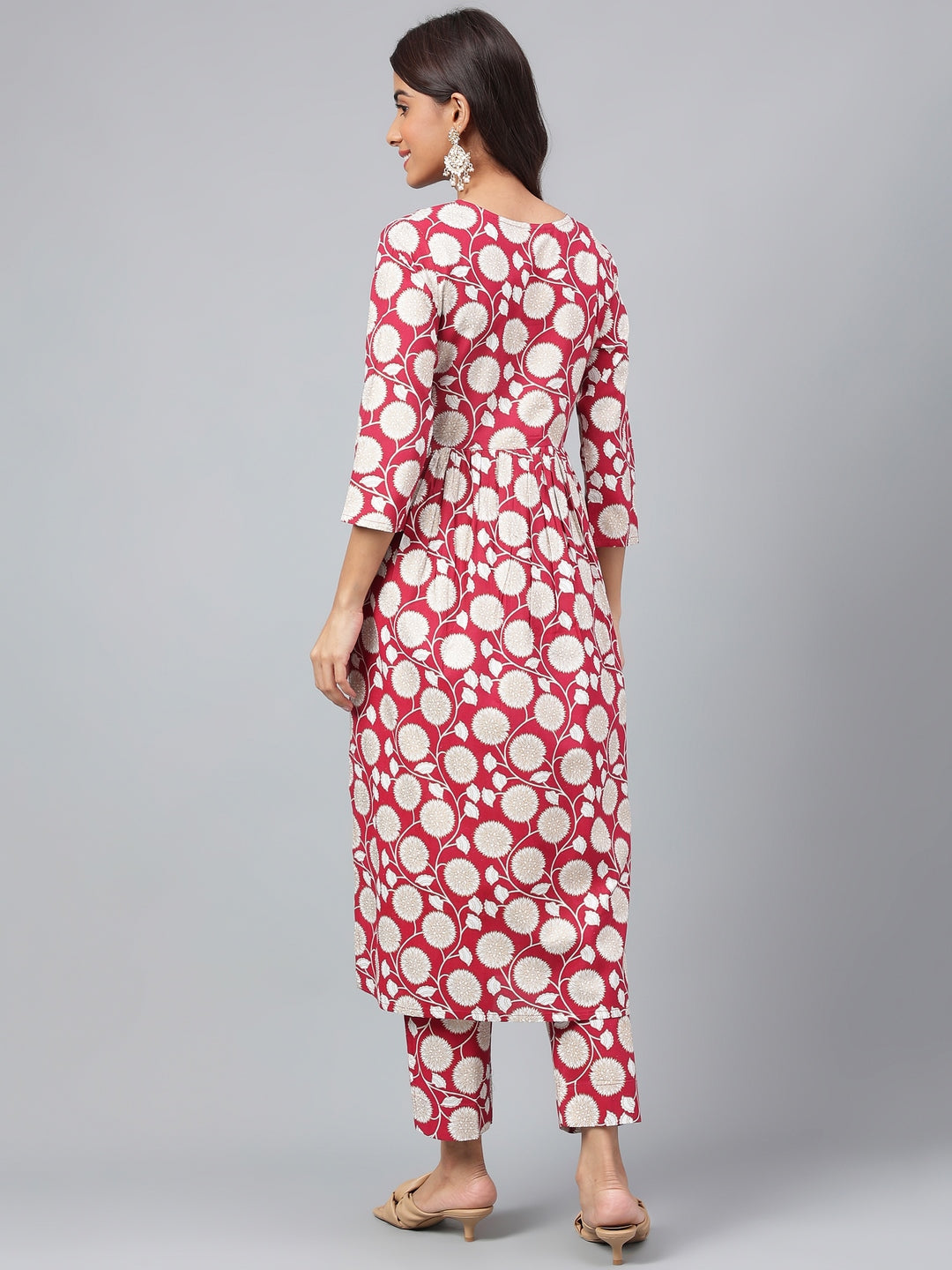 Janasya Women's Maroon Cotton Floral Printed Gathered Casual Kurta Set | Swadesiicart