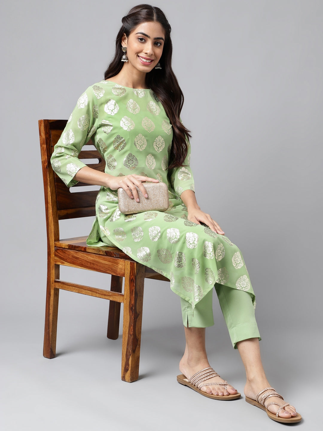 Indian Clothing Janasya Women's Light Green Georgette Foil Printed Straight Festive Kurta Set | Swadesiicart