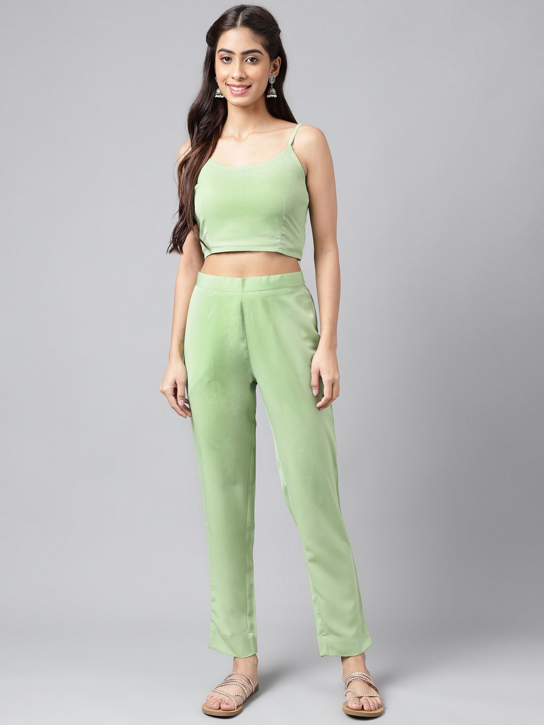 Indian Clothing Janasya Women's Light Green Georgette Foil Printed Straight Festive Kurta Set | Swadesiicart