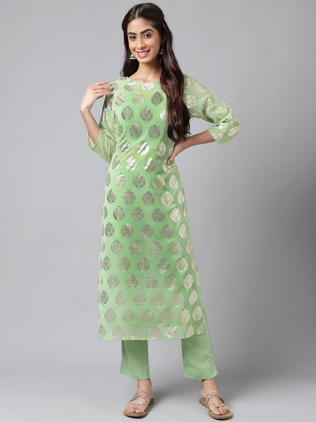 Indian Clothing Janasya Women's Light Green Georgette Foil Printed Straight Festive Kurta Set | Swadesiicart