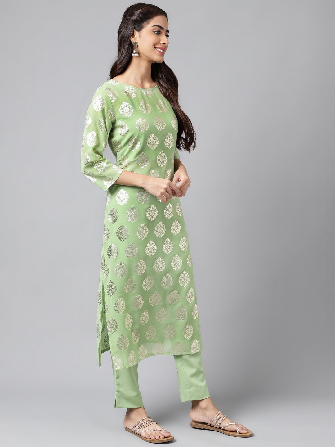 Indian Clothing Janasya Women's Light Green Georgette Foil Printed Straight Festive Kurta Set | Swadesiicart