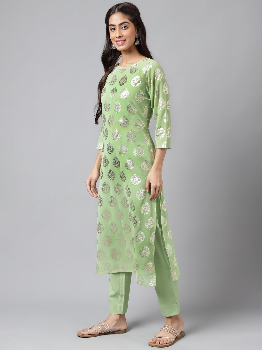 Indian Clothing Janasya Women's Light Green Georgette Foil Printed Straight Festive Kurta Set | Swadesiicart
