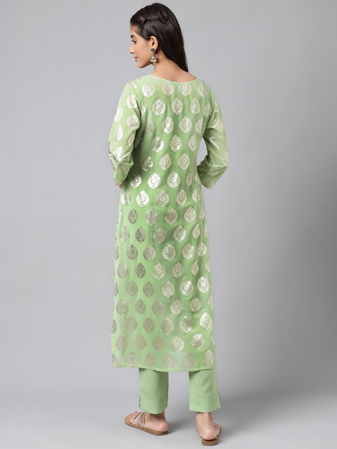 Indian Clothing Janasya Women's Light Green Georgette Foil Printed Straight Festive Kurta Set | Swadesiicart