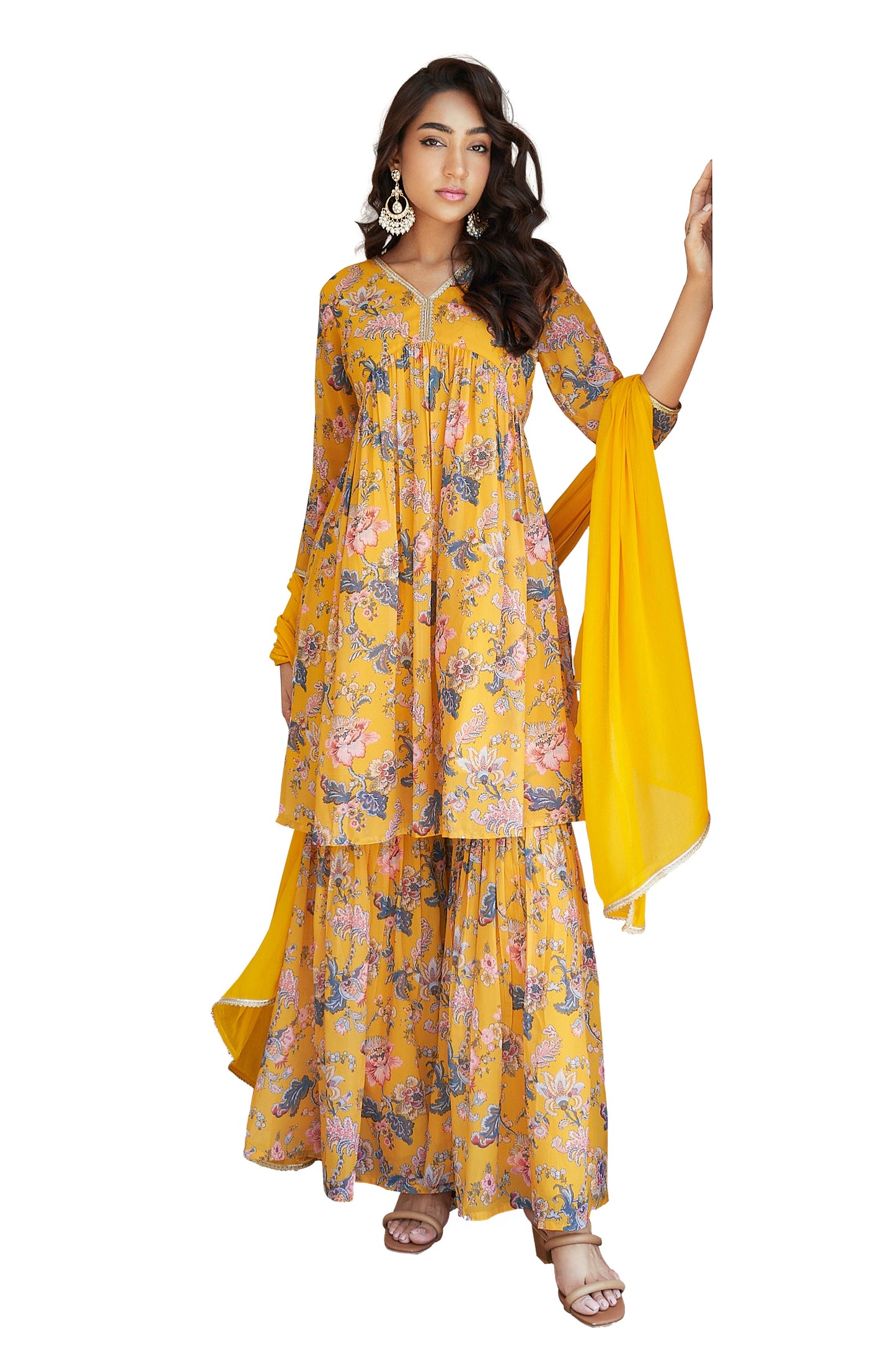 Janasya Yellow Georgette Digital Floral Printed Set | Swadesiicart