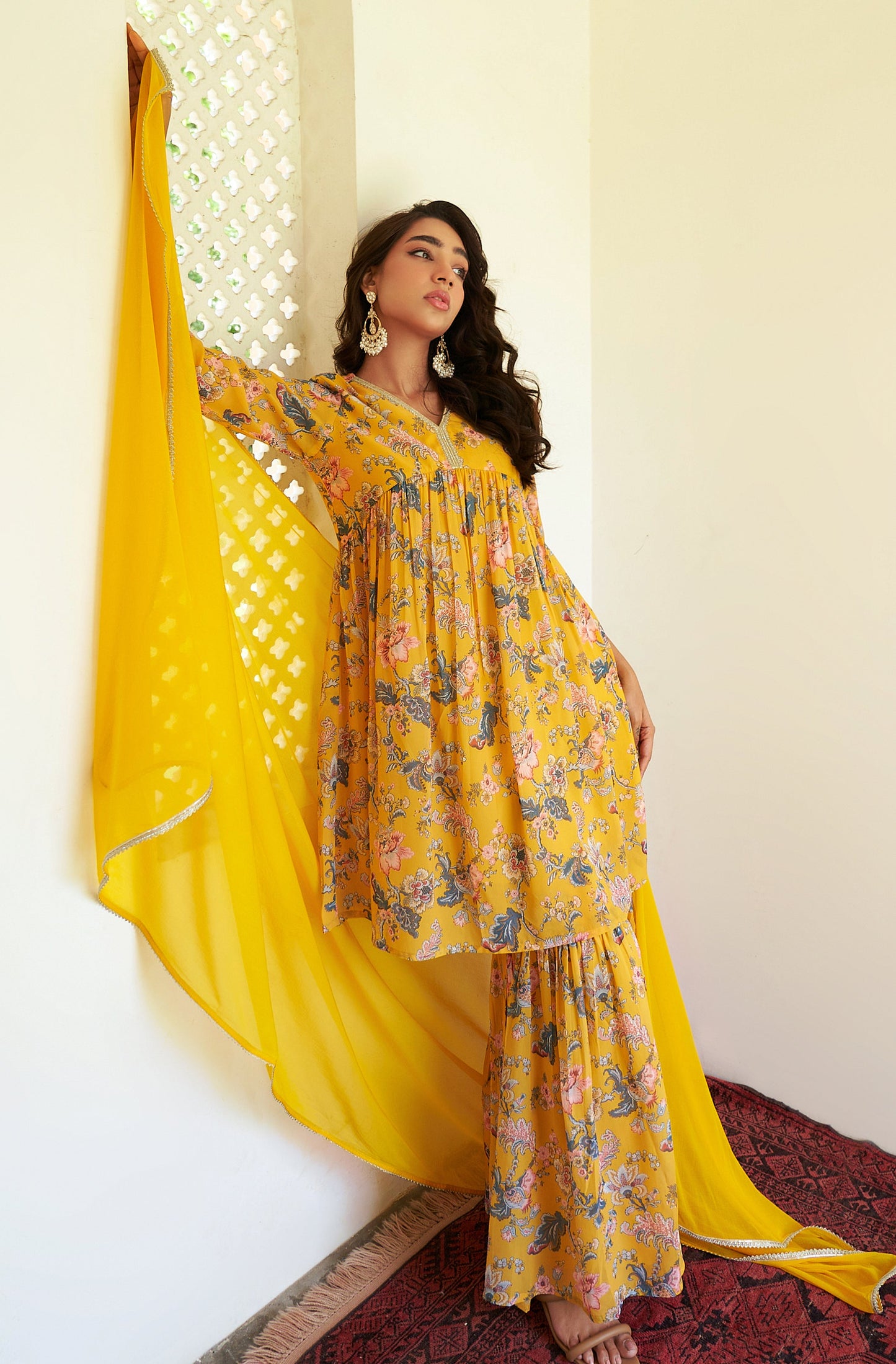 Janasya Yellow Georgette Digital Floral Printed Set | Swadesiicart