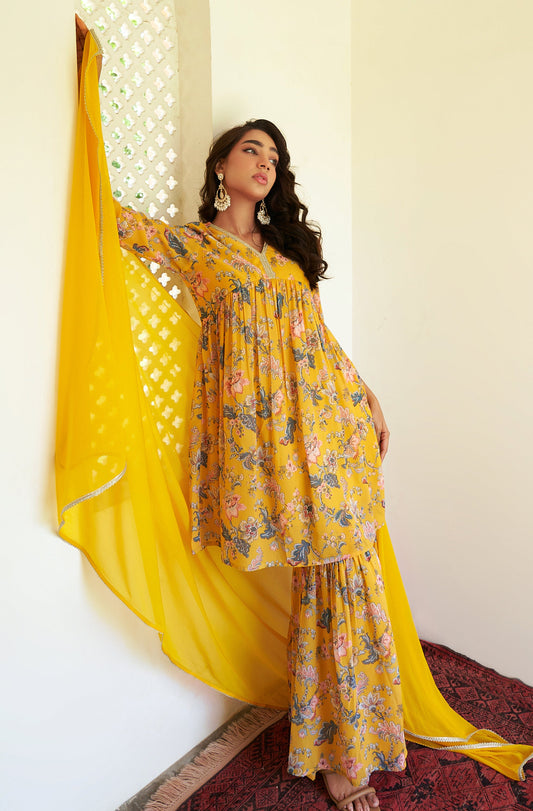 Janasya Yellow Georgette Digital Floral Printed Set | Swadesiicart