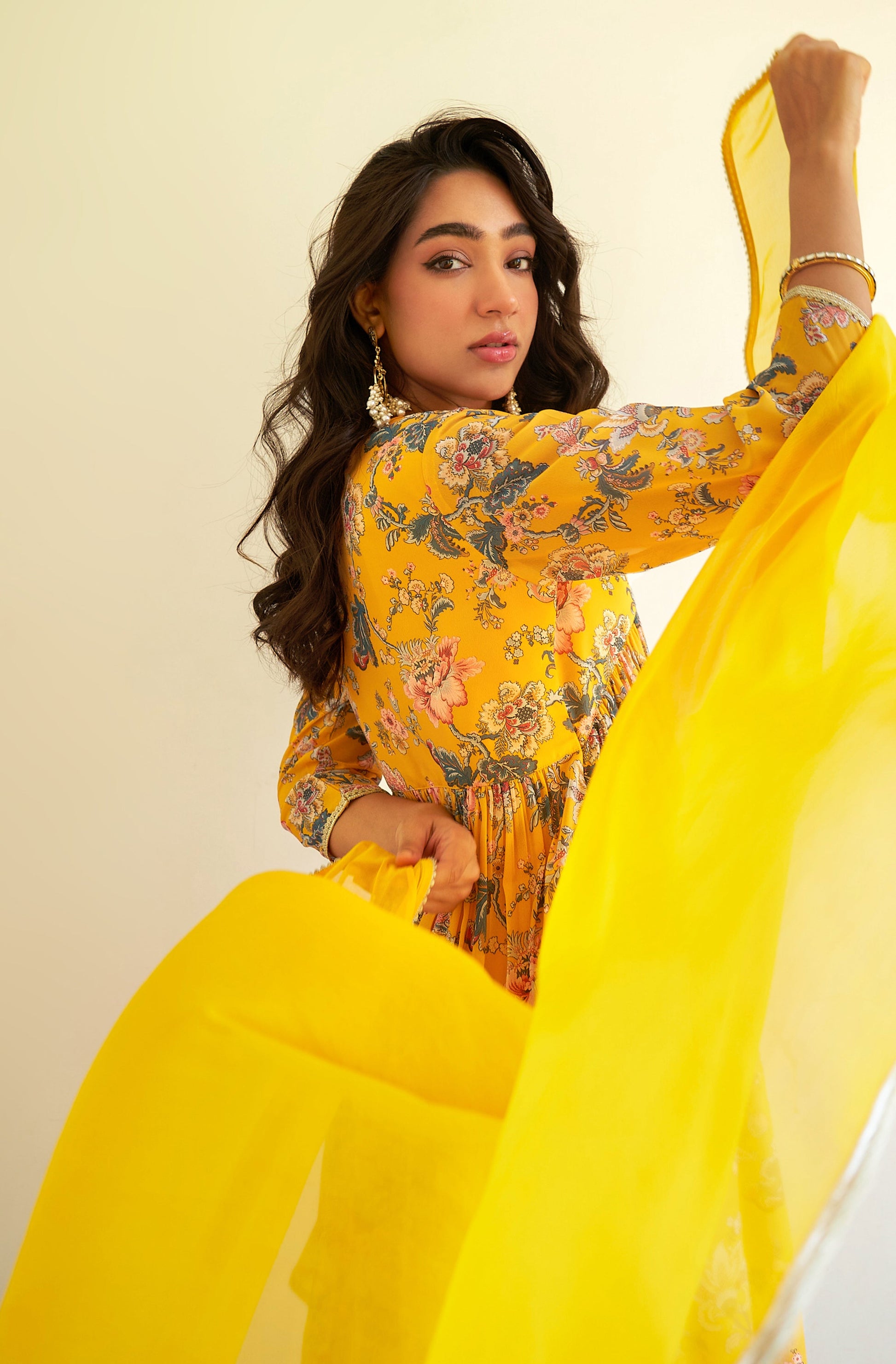 Janasya Yellow Georgette Digital Floral Printed Set | Swadesiicart