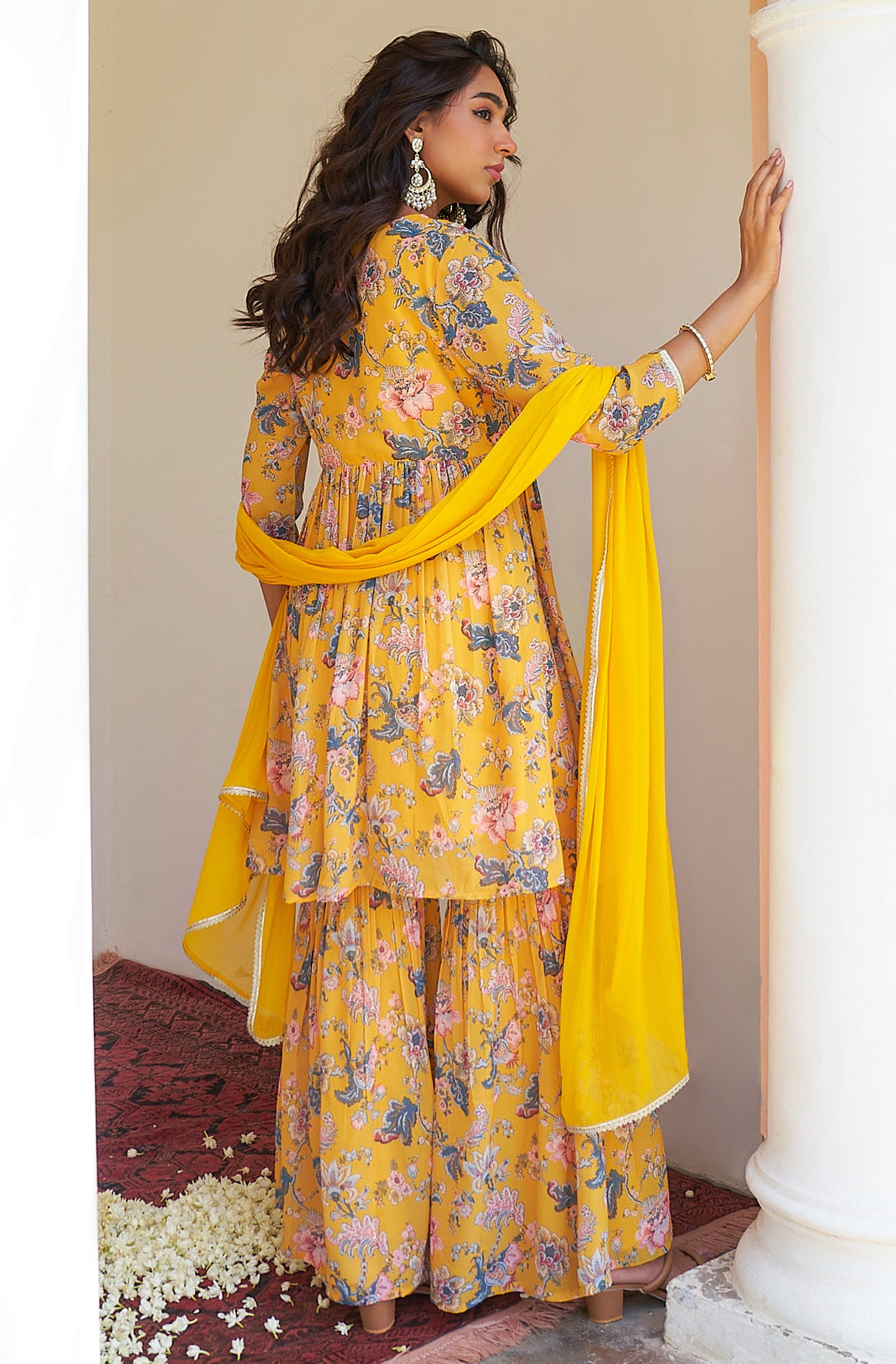 Janasya Yellow Georgette Digital Floral Printed Set | Swadesiicart
