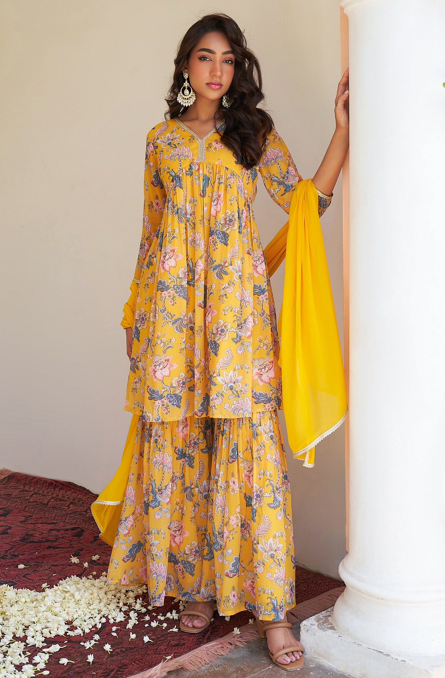 Janasya Yellow Georgette Digital Floral Printed Set | Swadesiicart