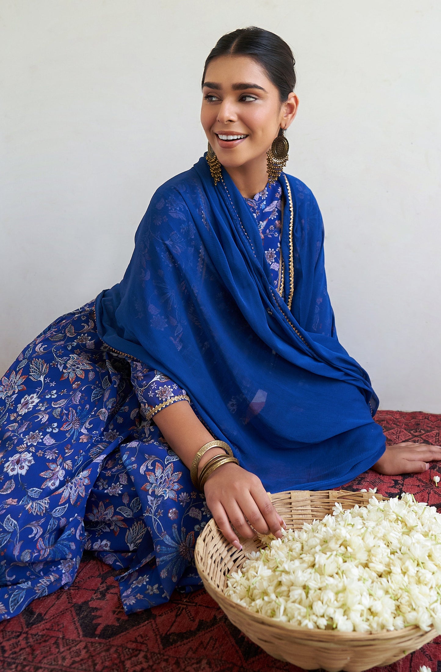 Janasya Dark Teal Blue Georgette Digital Floral Printed Set | Swadesiicart