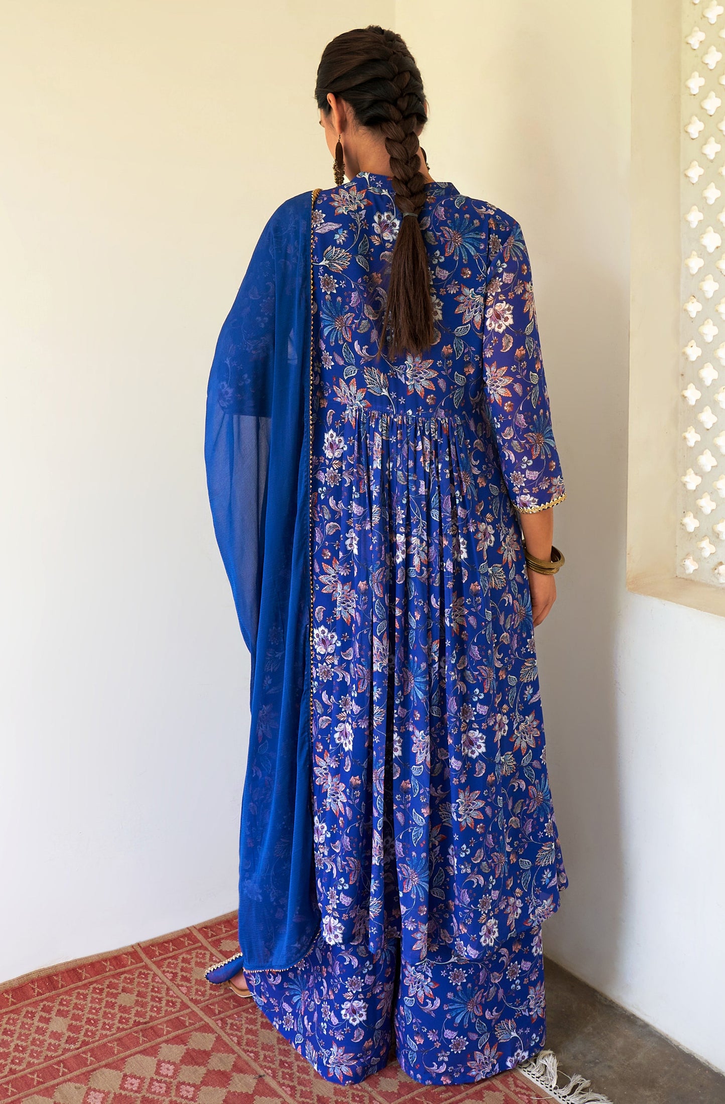 Janasya Dark Teal Blue Georgette Digital Floral Printed Set | Swadesiicart