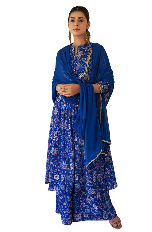 Janasya Dark Teal Blue Georgette Digital Floral Printed Set | Swadesiicart