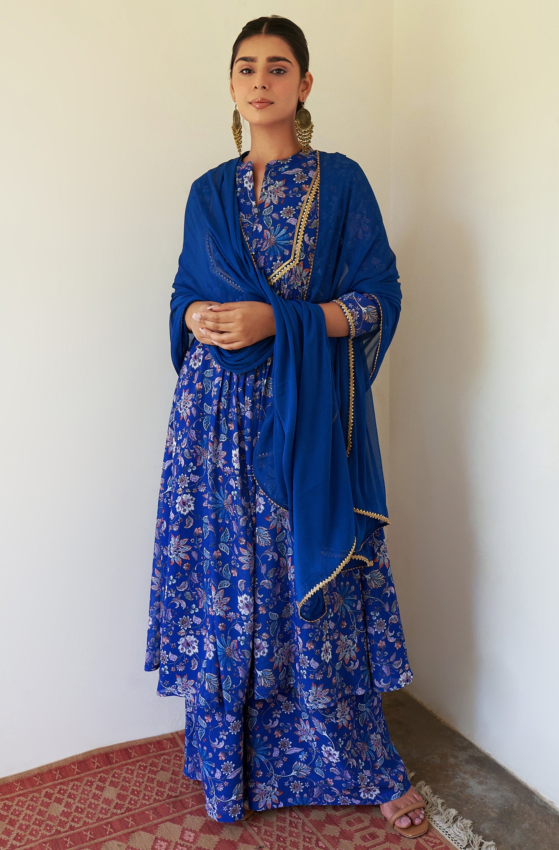 Janasya Dark Teal Blue Georgette Digital Floral Printed Set | Swadesiicart