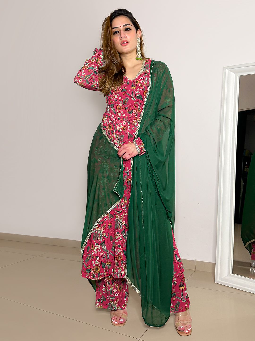 Janasya Pink Georgette Digital Floral Printed Set | Swadesiicart