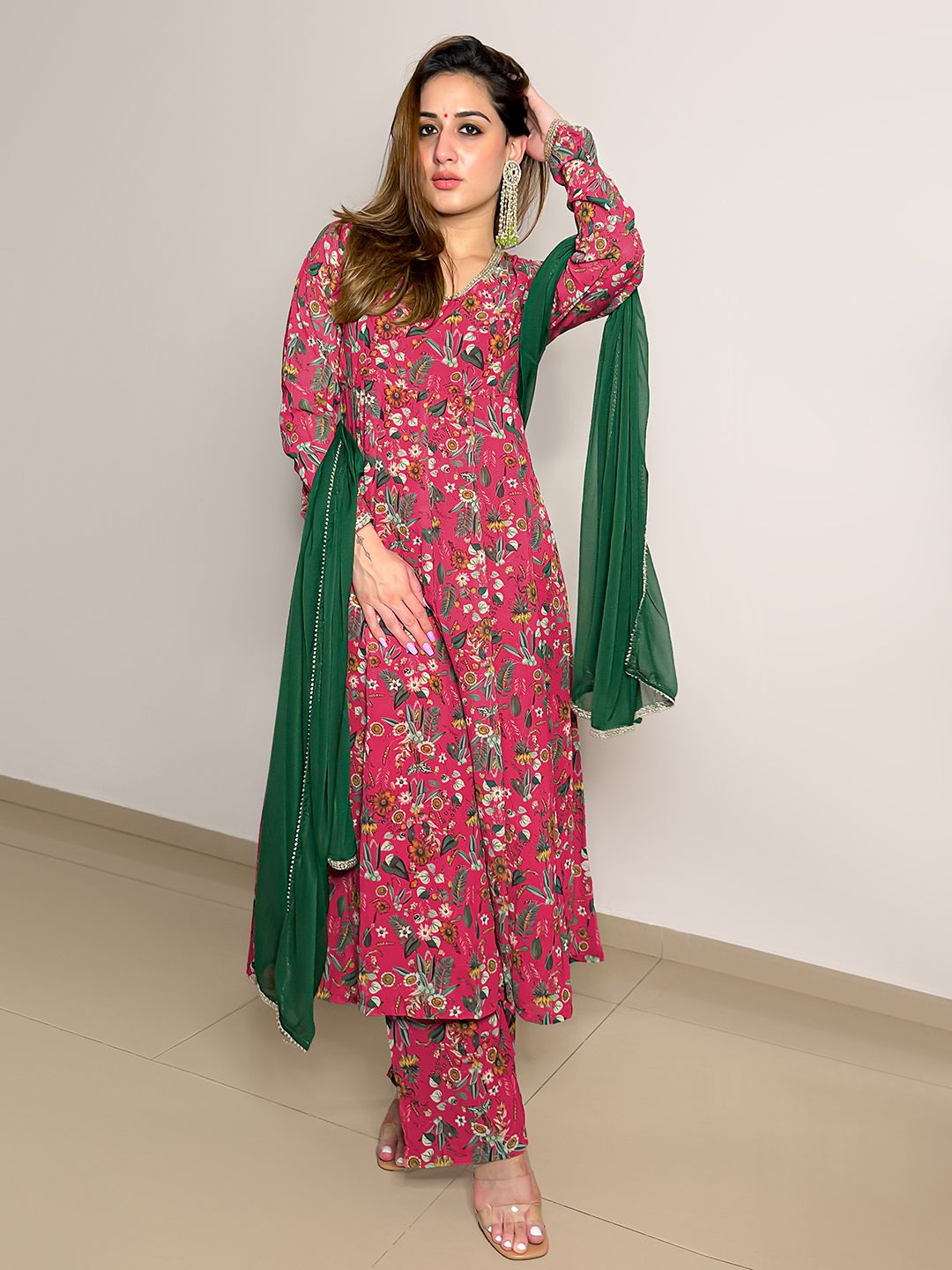 Janasya Pink Georgette Digital Floral Printed Set | Swadesiicart