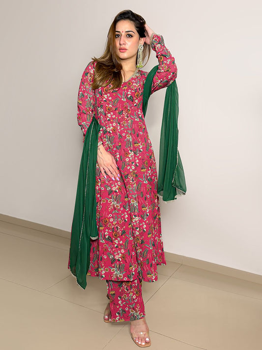 Janasya Pink Georgette Digital Floral Printed Set | Swadesiicart