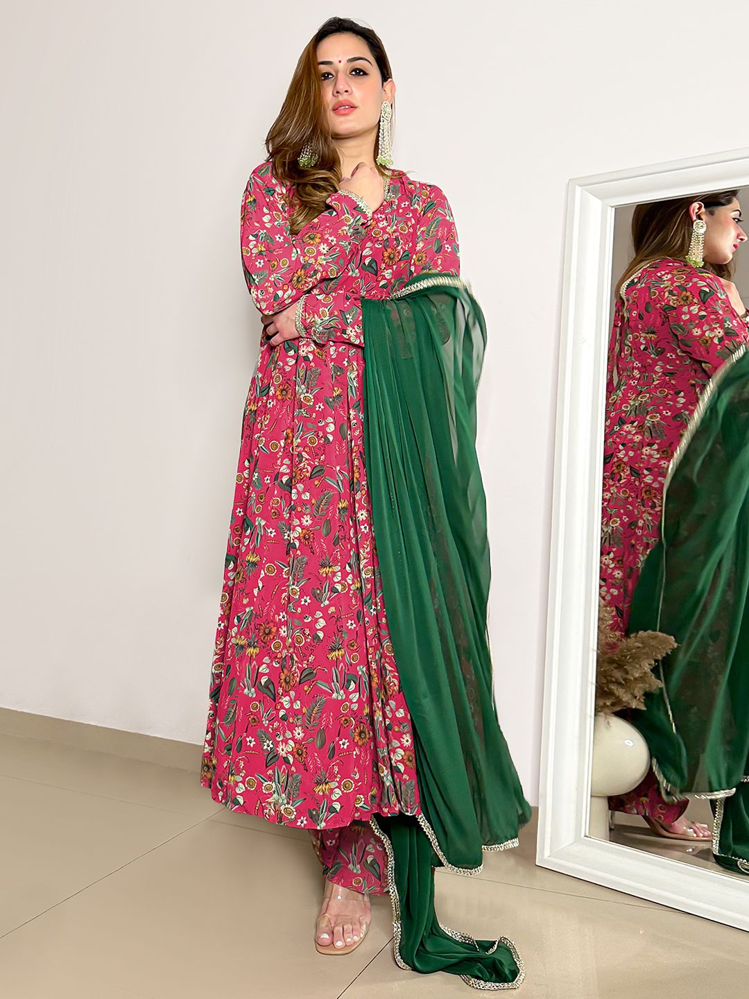 Janasya Pink Georgette Digital Floral Printed Set | Swadesiicart