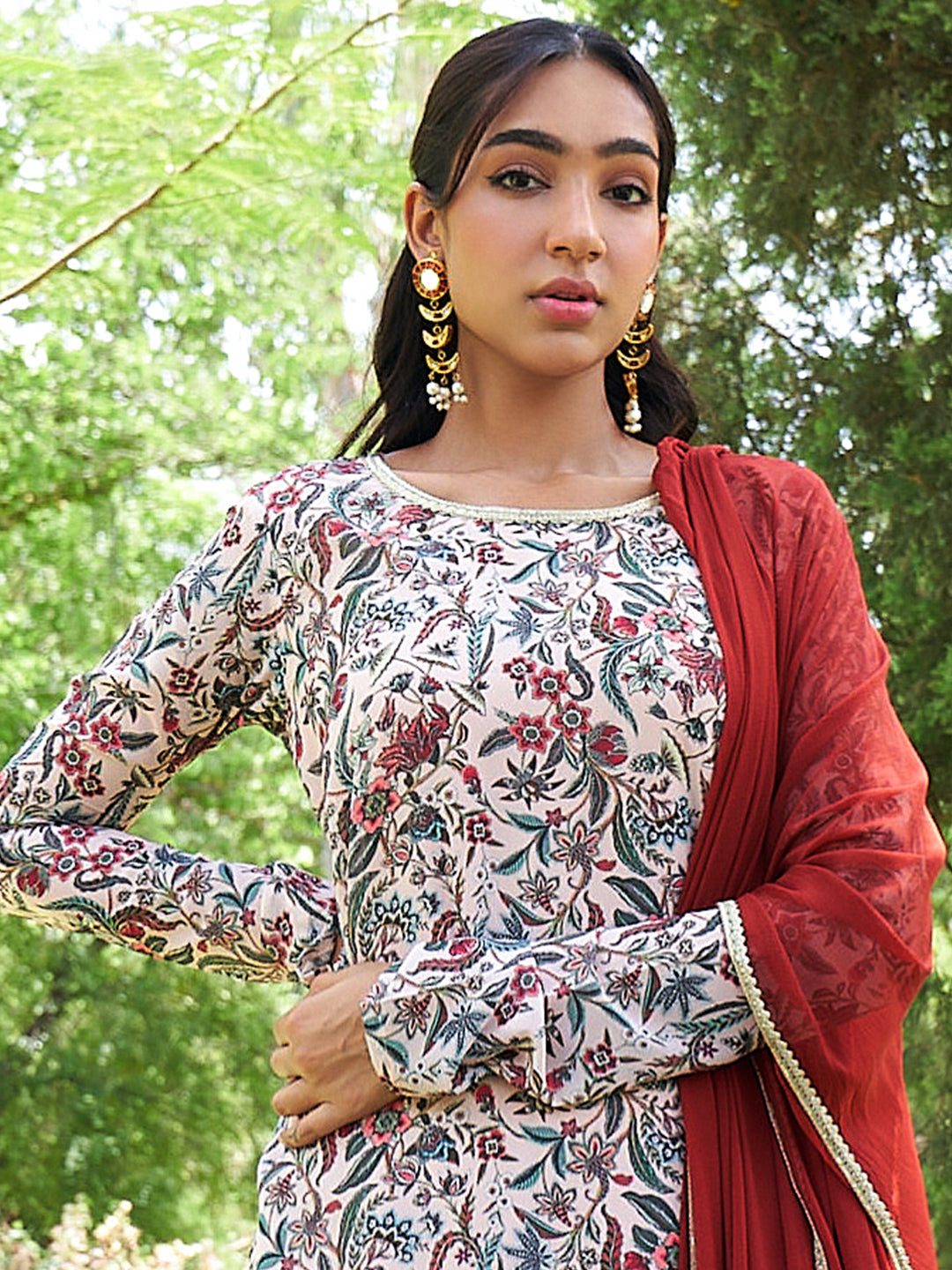 Janasya Beige Georgette Digital Floral Printed Set | Swadesiicart