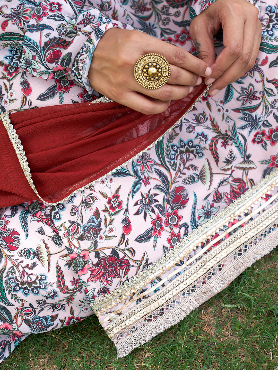 Janasya Beige Georgette Digital Floral Printed Set | Swadesiicart