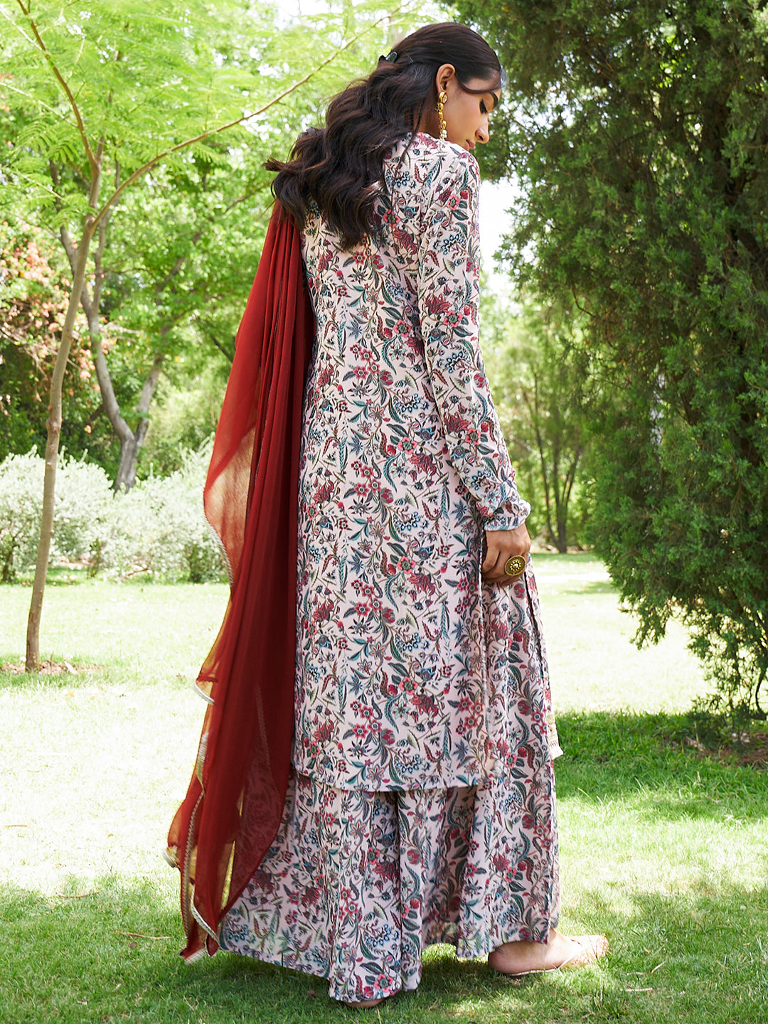 Janasya Beige Georgette Digital Floral Printed Set | Swadesiicart