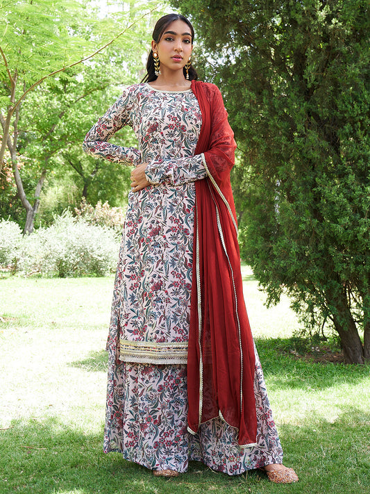 Janasya Beige Georgette Digital Floral Printed Set | Swadesiicart
