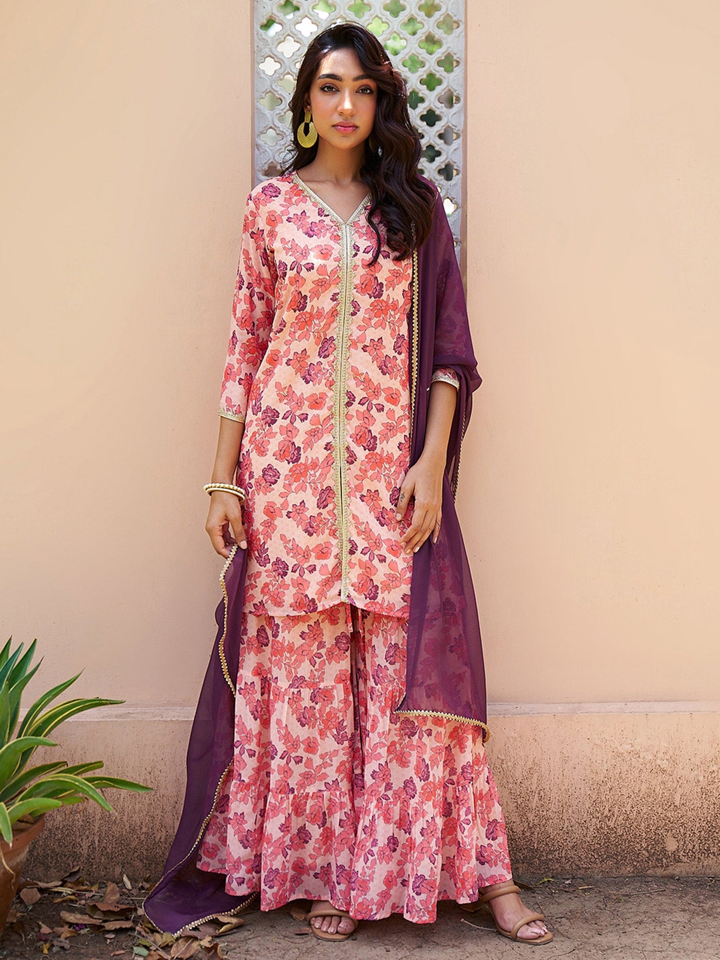 Janasya Peach Georgette Digital Floral Printed Set | Swadesiicart