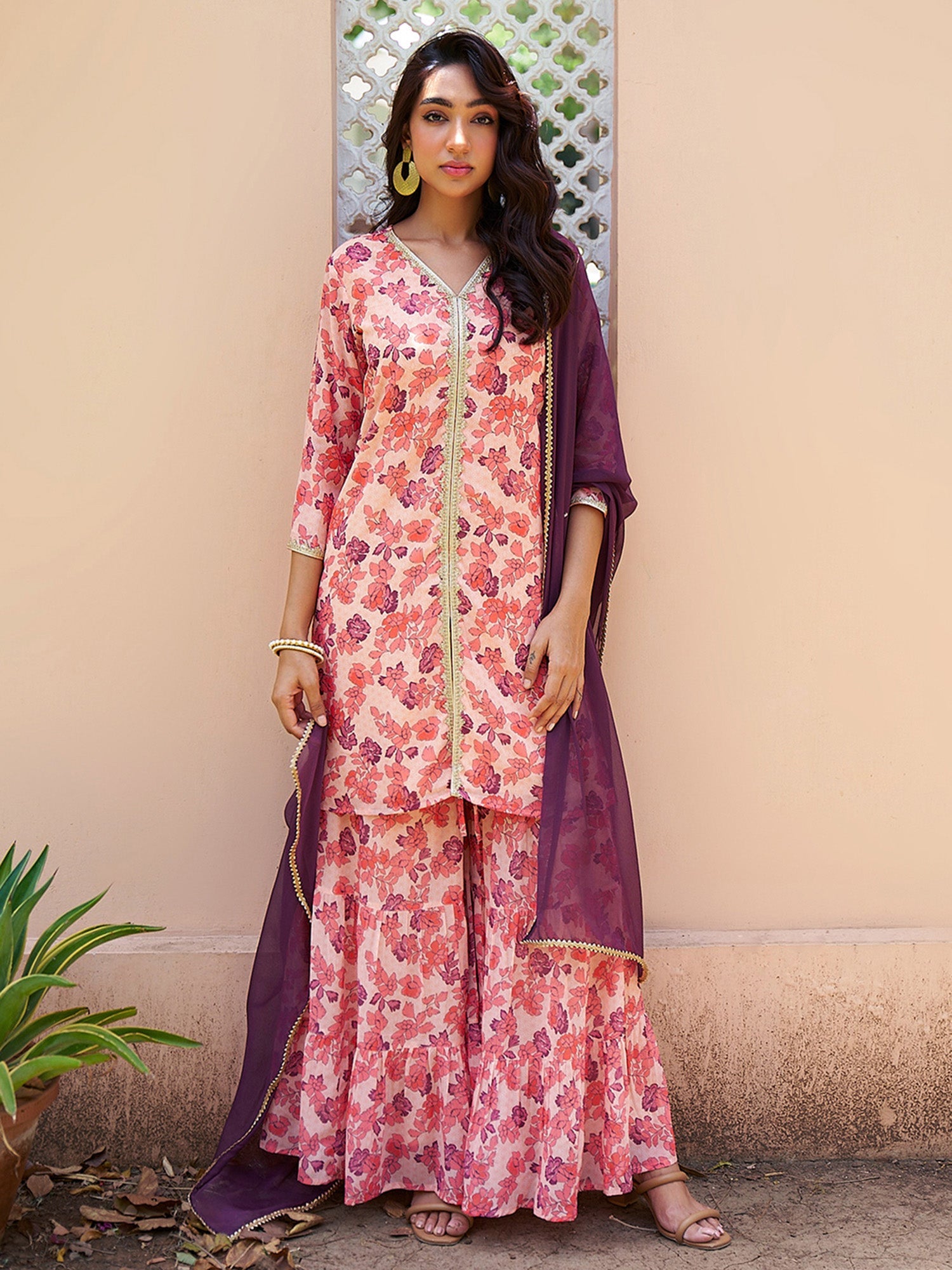 Janasya Peach Georgette Digital Floral Printed Set | Swadesiicart
